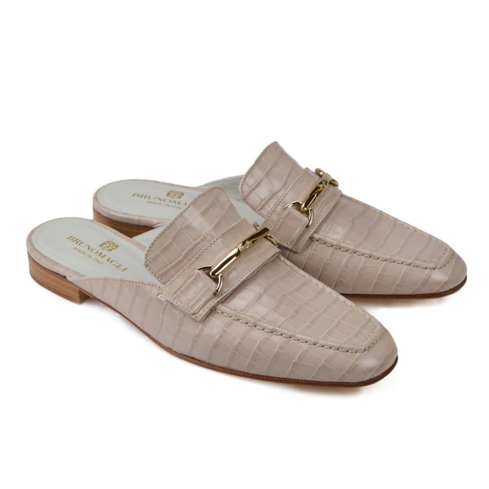 Bruno Magli Mark Flat Loafer Mule - Sand Croc-Print Leather Sz 38.5 NWOT - Picture 2 of 12